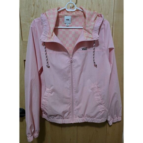 Vans Pink Hooded Windbreaker Jacket With Checkered Lining & Drawstrings Sz M - Picture 1 of 9